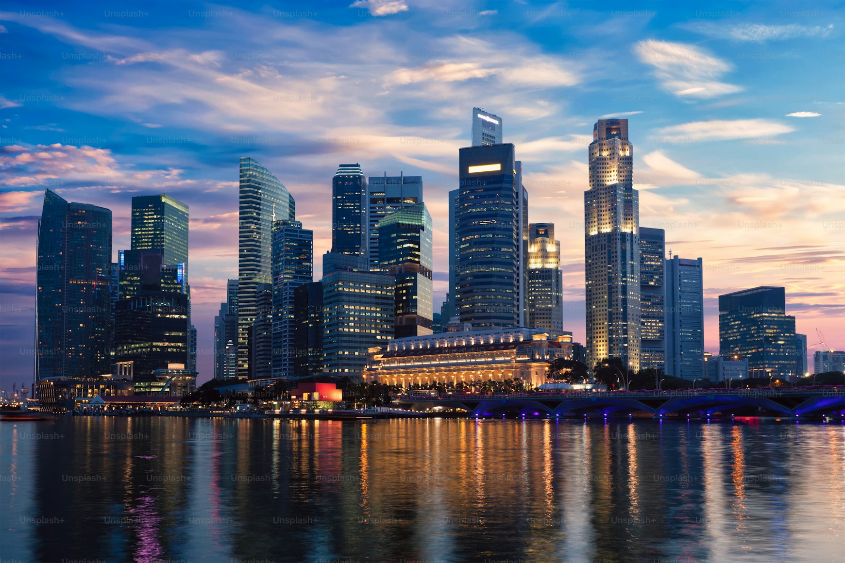 Singapore skyline and Marina Bay in the evening